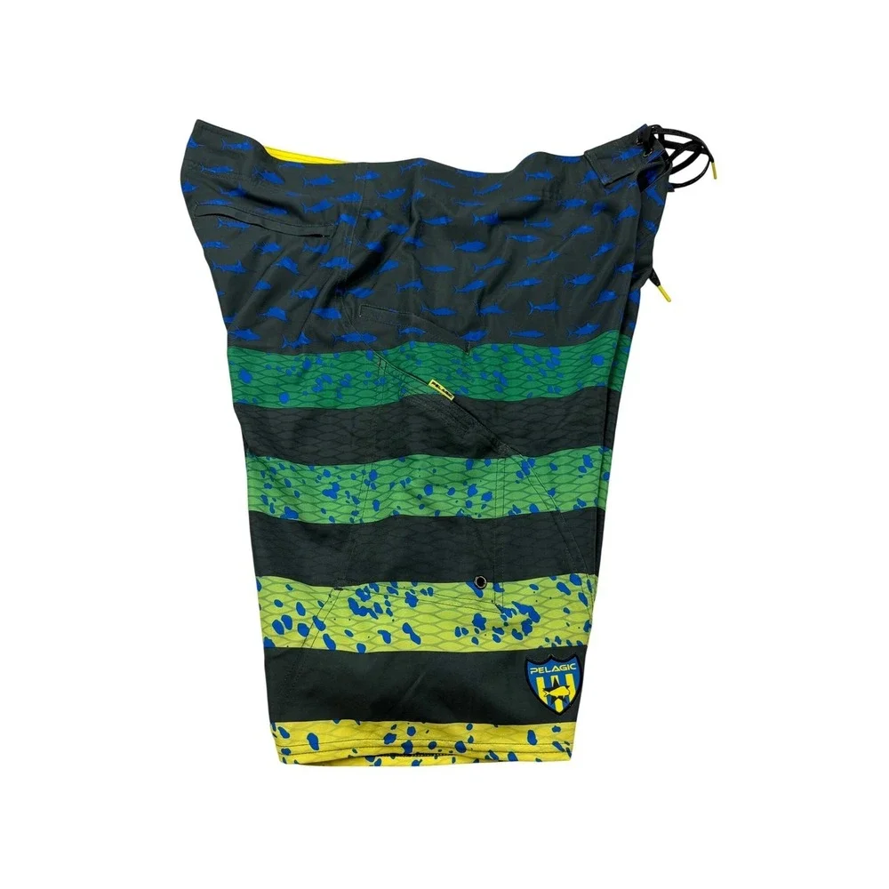 Pelagic Sharkskin Boardshorts Mens‎ 40 Mahi Mahi Fish Print Fishing Shorts Green
